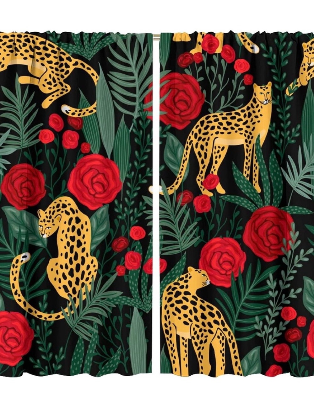 Leopard & Rose Botanical Curtains - Black, Gold & Red